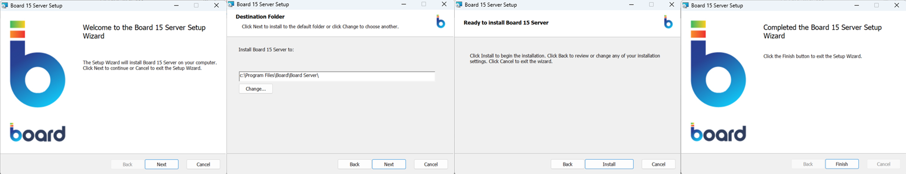 Board 15 Server Setup Wizard with installation steps and options displayed on screen.